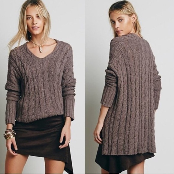 Free People Easy Cable V-neck Knit Sweater Brown Mushroom XS Tunic Oversized - Picture 1 of 14